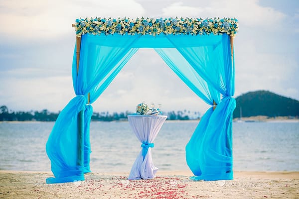 Examples of ceremony decoration: flower arches and tents Wedding and event planner in Thailand. Hua Hin, Koh Samui and Chang islands and others blue tent